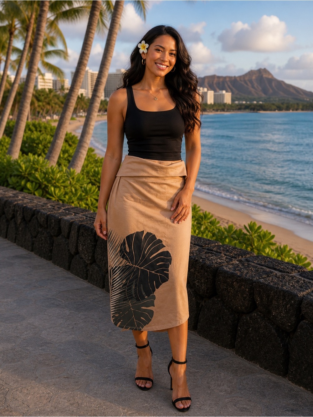 Tanoa Tan Pencil Skirt with Black Leaf Print